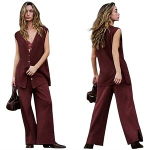 Free People Beach Stockton Sweater Pants Coordinated Set Brown NWT SZ S